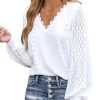 Long Sleeve Tops for Women Eyelet Scalloped Lace V Neck Blouse Casual Loose Fashion Shirts