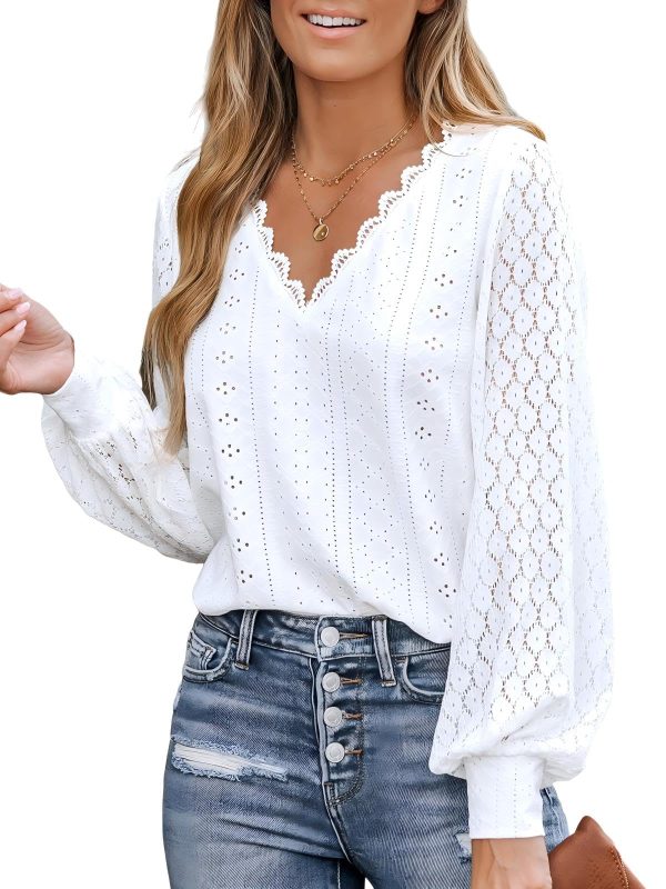 Long Sleeve Tops for Women Eyelet Scalloped Lace V Neck Blouse Casual Loose Fashion Shirts