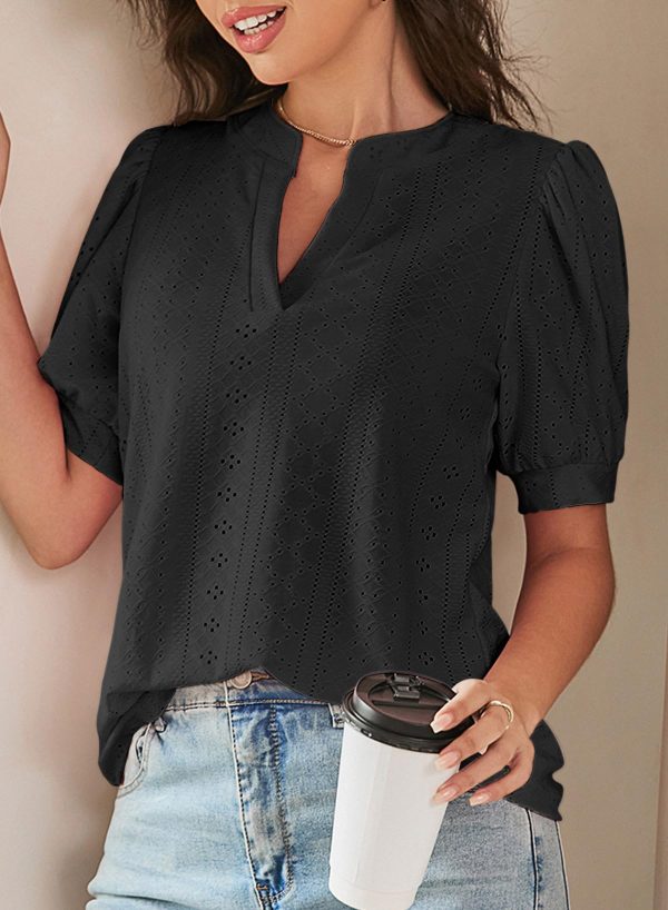 Womens Summer Business Casual Blouses V Neck Short Sleeve Shirts Hollow Out Cute Lace Tops