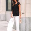 Womens Lace Tops Pleated Short Sleeve Shirts Summer Business Casual Dressy Blouses