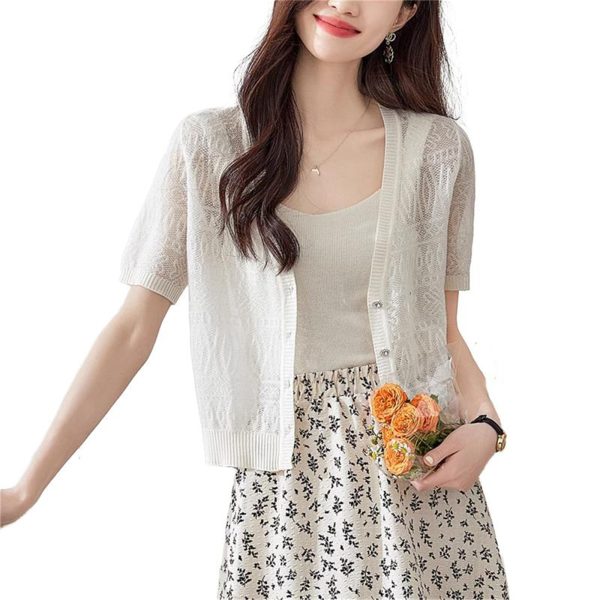 Women's Knitwear Thin Hollow Out Shawl Short Sleeve Ice Silk Outerwear Casual Top