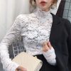 Women's Floral Lace Top Long Sleeve Mock See Through Mesh Underwear Blouse Shirt S-L