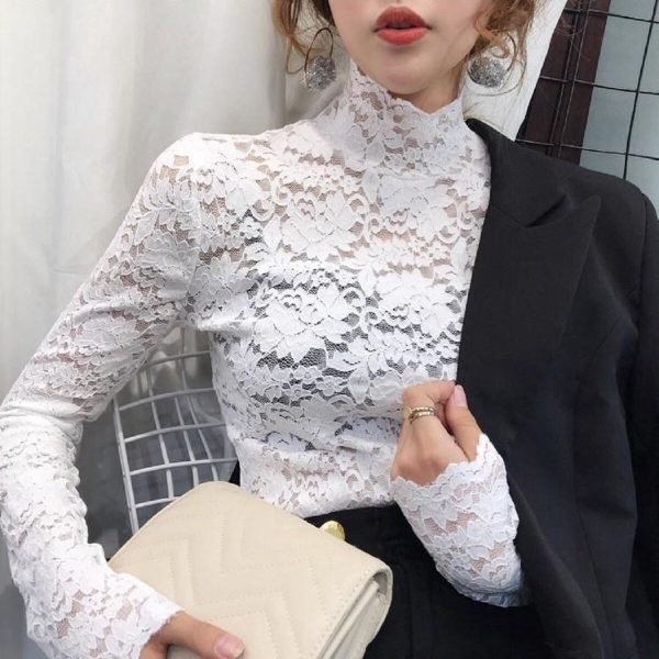 Women's Floral Lace Top Long Sleeve Mock See Through Mesh Underwear Blouse Shirt S-L