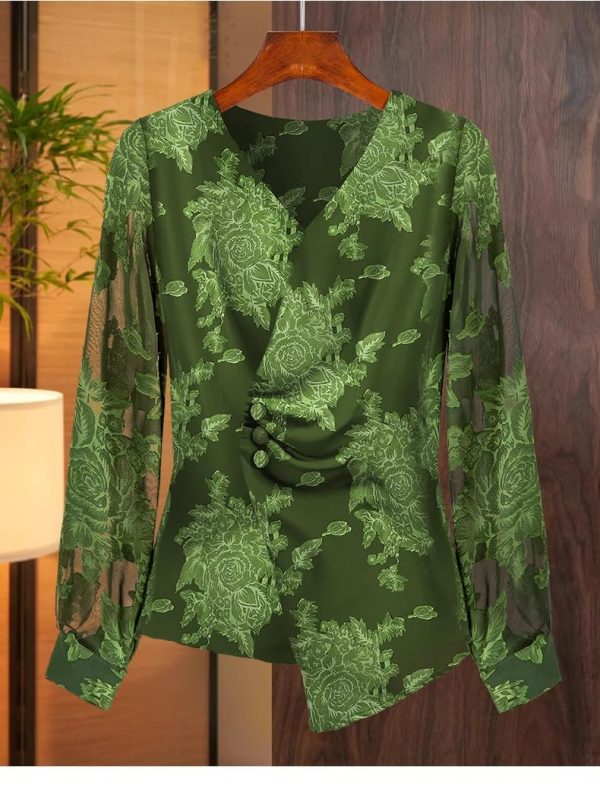 Ladies' Summer Long-Sleeved Chiffon Shirt Navy Blue for Parties Yacht Clubs Blouse for Women