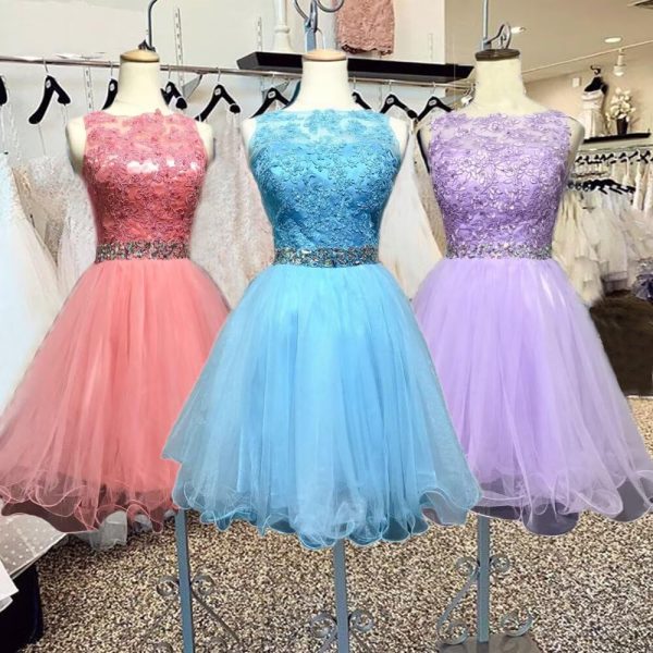 Women's Appliques Beaded Homecoming Dresses for Teens Short Prom Dress Tulle Party Cocktail Gown