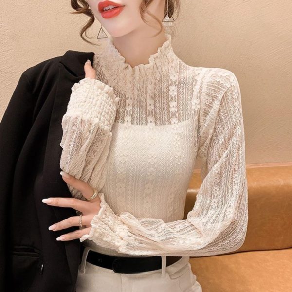 Lace Tops for Women Long Sleeve Mock Neck Sheer Blouse See Through Floral Lace Tops