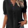 Women's Elegant Lace V Neck Short Sleeve Solid Tops Shirt Blouse