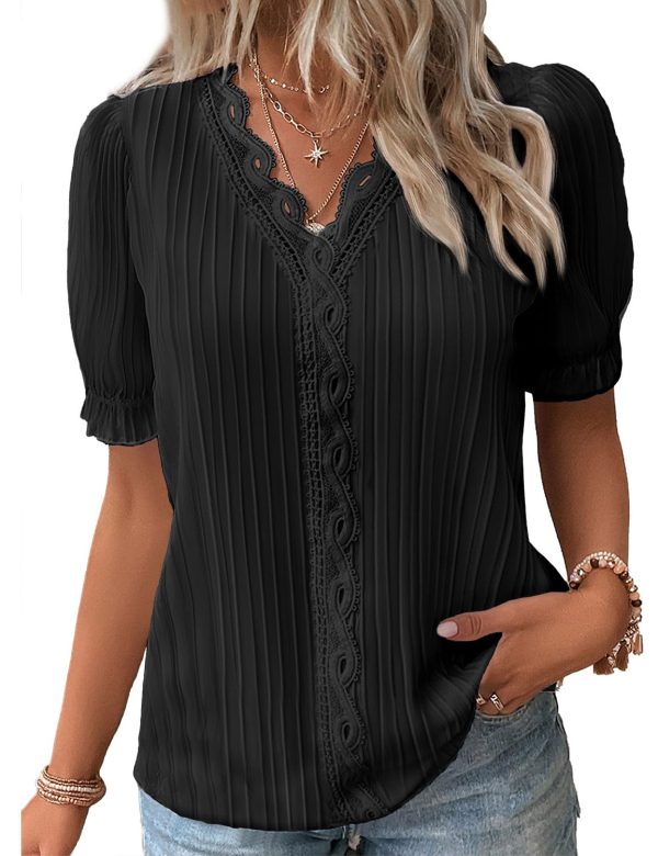 Women's Elegant Lace V Neck Short Sleeve Solid Tops Shirt Blouse