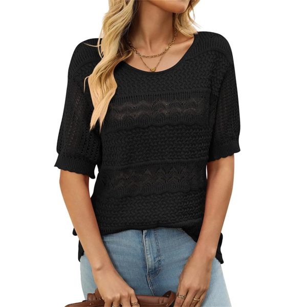 Women Short Sweater Hollow Out O Neck Pullover Knitted Tops Loose Fit Elegant Knit Shirt