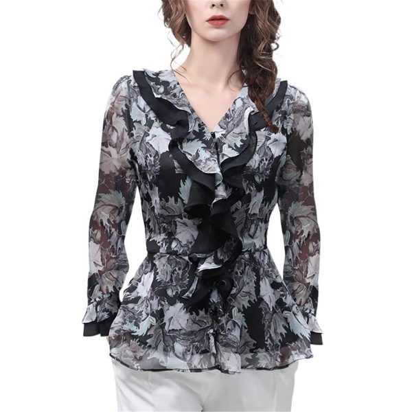 Ladies' Lightweight Chiffon Shirt Long-Sleeved for Summer Work and Travel Printed Top Blouse for Women