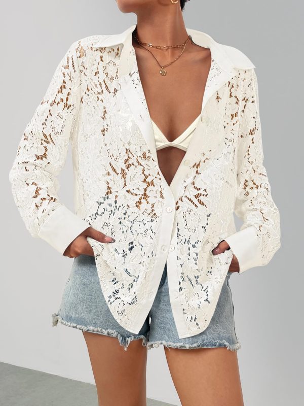 Women's Lace Long Sleeve Tops Dressy Casual Blouse Button Down Sheer Elegant Summer Shirts