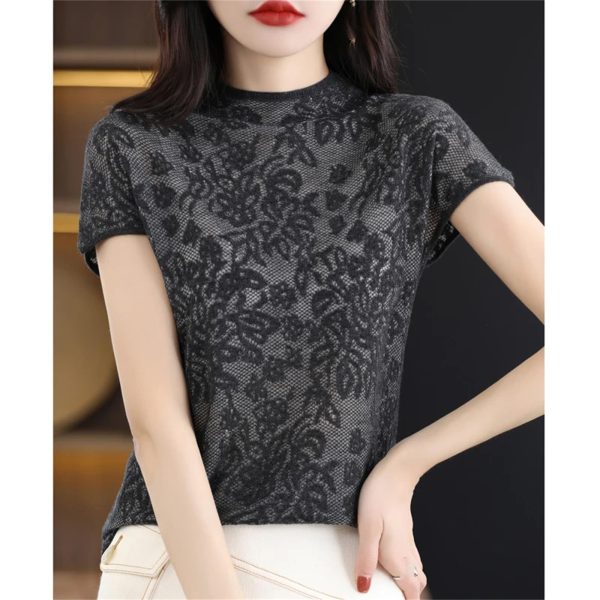 Lace Cashmere Short Sleeve Knit Pullover Thin Breathable Sweater Top