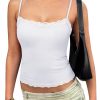 Women's Sexy Square Neck Lace Cami Tank Tops Fitted Double Lined Sleeveless Crop Spaghetti Strap Summer Y2k Tops