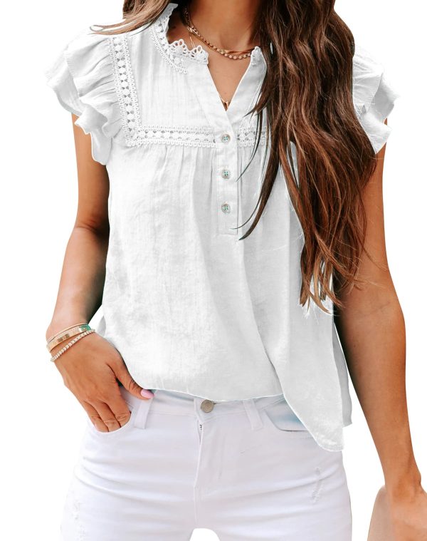 Women's V Neck Lace Crochet Shirts Button Down Short Sleeve Casual Blouse Tops