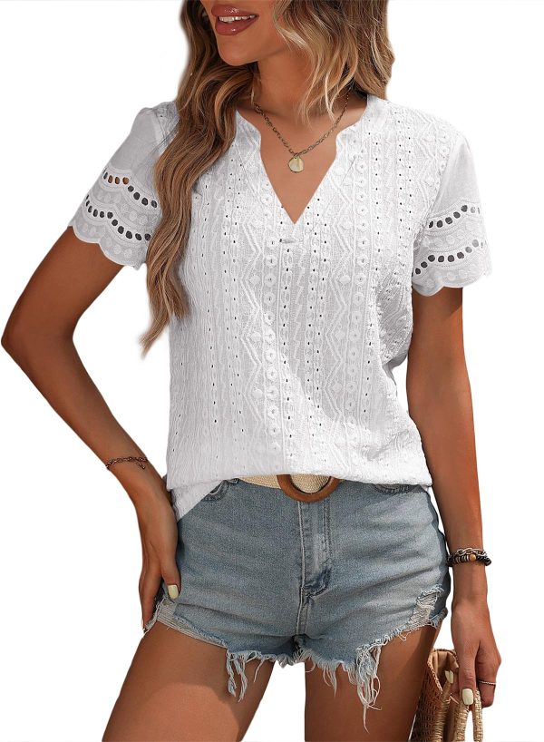 71RFGTOhkAL.jpg Summer Tops for Women 2025 Short Sleeve V Neck Dressy Lace Eyelet Blouses Shirts