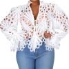 Women’s Sexy Ruffle Long Sleeve Summer Lace Tops 2025 Puff Flare Shirt V Neck Hollow Out Button Down Tunic Blouses