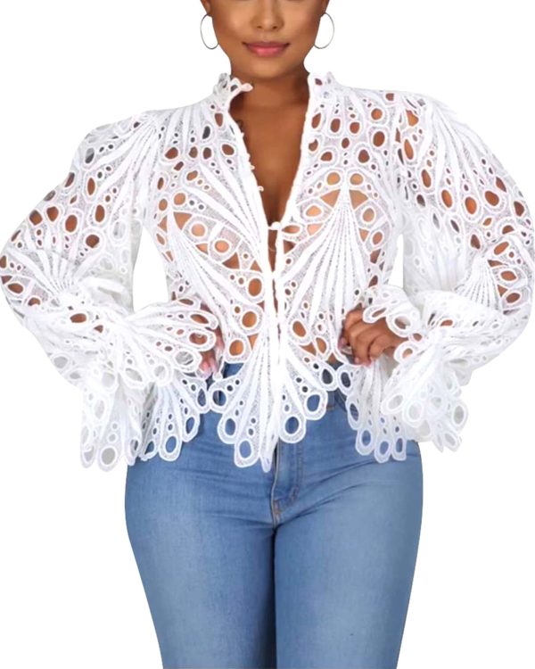 Women’s Sexy Ruffle Long Sleeve Summer Lace Tops 2025 Puff Flare Shirt V Neck Hollow Out Button Down Tunic Blouses