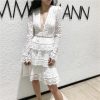 Women's Wedding Guest Dress Spring Lace V-Neck Bohemian Gown Hollow Long Sleeve Sexy White Party Dress(Short_Large)