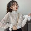 Lace Tops for Women Long Sleeve Mock Neck Sheer Blouse See Through Floral Lace Tops