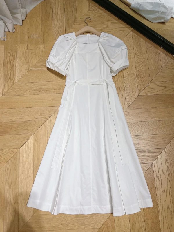 71SfdIkg67L.jpg Women's Bandage Waist Maxi Dress - Puff Sleeve Cotton Solid Color Spring Long Dress