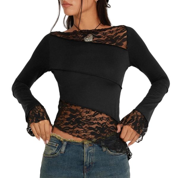 71SqTr0nxL.jpg Women's Asymmetrical Sheer Lace T Shirt Sexy Slim Fit Long Sleeve Blouse Boat Neck Crop Top Tees