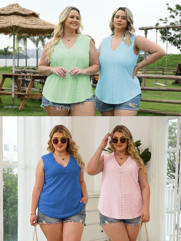 Womens-Plus-Size-Tank-Tops Summer Floral Lace Trim V Neck Shirts Casual Sleeveless Blouses Cute Eyelet Tunics XL-5XL