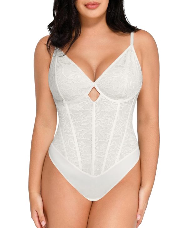 Lace Body Suits Women - Tummy Control V Neck Bodysuit with Side Zipper Going Out Corset Tops for Women Trendy 2025