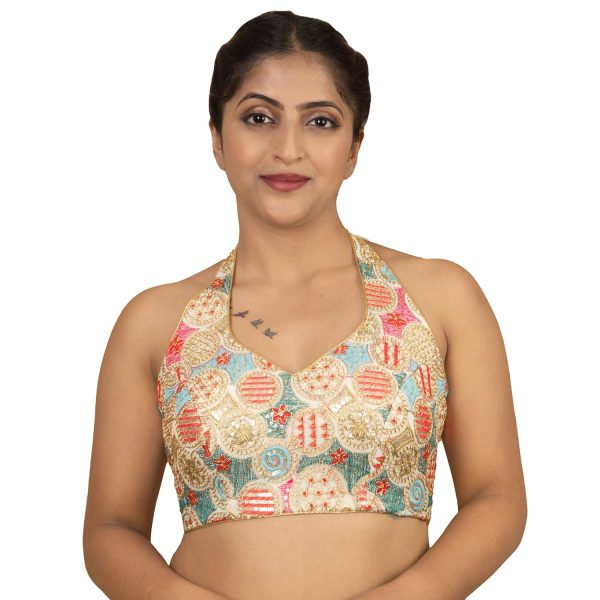 71Sz1Ec50IL.jpg Women's Sequin Gold Embroidered Halter Neck Sleeveless Readymade Indian Saree Blouse E13