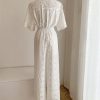Women's Embroidered Cotton Set - White Hollow Out Shirt & Elastic Waist Pants