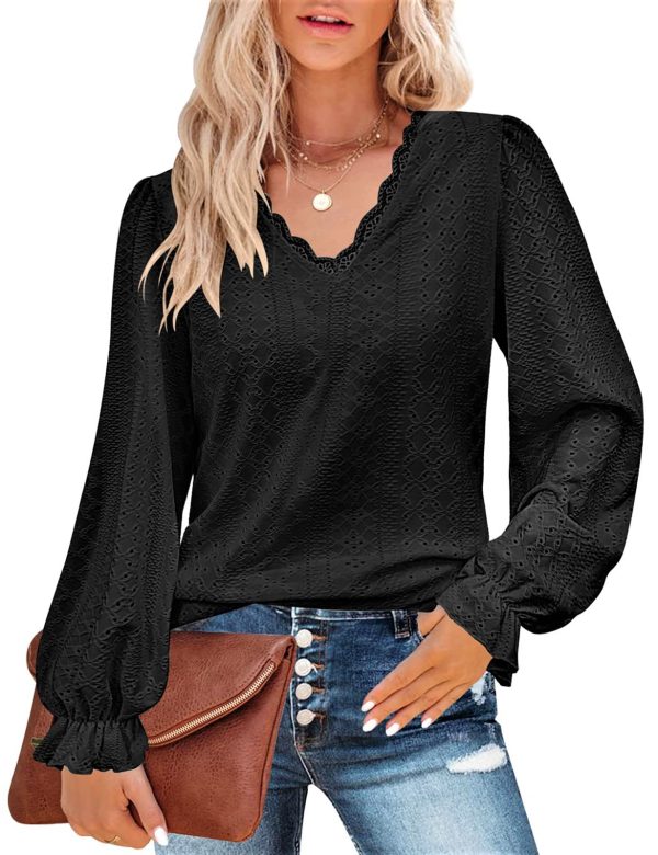 Misyula Womens Lace V Neck Puff Long Sleeve Eyelet Tops Dressy Business Casual Work Shirts Blouse S-XXL