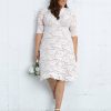 Women's Plus Size Bella Short Ivory Lace Dress, Simple White Wedding, Bridal Shower, or Graduation Midi Dress