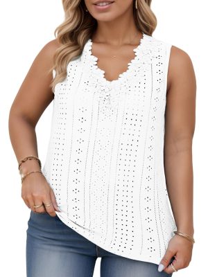 Womens-Plus-Size-Tank-Tops Summer Floral Lace Trim V Neck Shirts Casual Sleeveless Blouses Cute Eyelet Tunics XL-5XL
