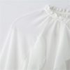 Women's White Ruffled Blouse with Elasticated Neckline Long Puff Sleeves Delicate Lace Trim Tops