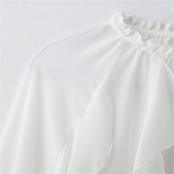 71TTGvgDjlL.jpg Women's White Ruffled Blouse with Elasticated Neckline Long Puff Sleeves Delicate Lace Trim Tops
