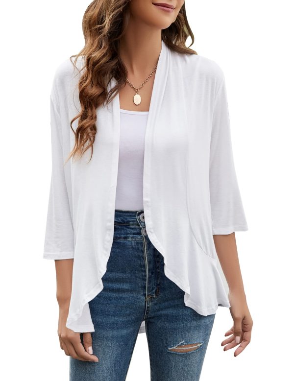 Women Cardigan 3/4 Sleeves Open Front Lightweight Cardigan Draped Ruffles Knit Cardigan