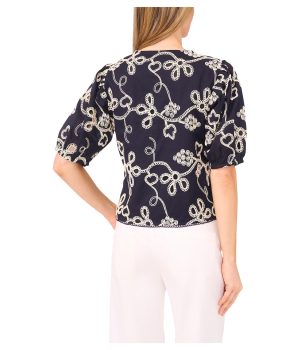 Women's Embrodiery Short Sleeve Open Tie Front Top