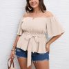 Women's Plus Size Off The Shoulder Peplum Blouse Top Half Bell Sleeve Tie Waist Ruffle Hem Babydoll Tops