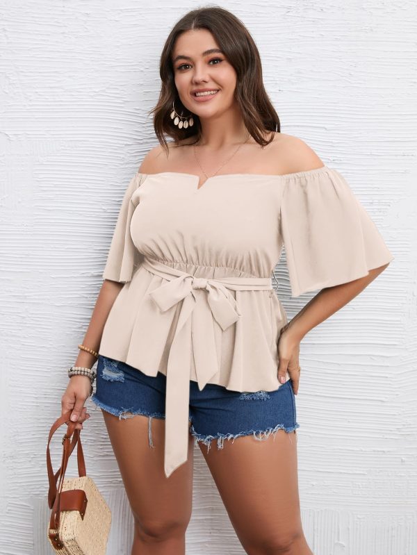 Women's Plus Size Off The Shoulder Peplum Blouse Top Half Bell Sleeve Tie Waist Ruffle Hem Babydoll Tops