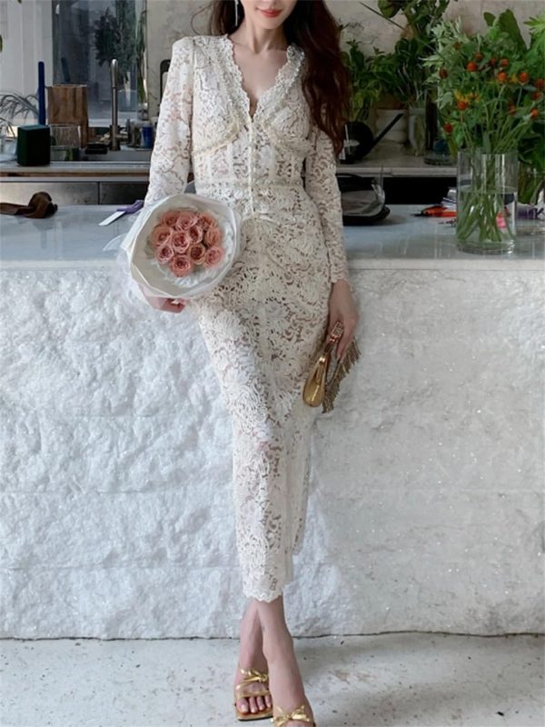 Women V Neck Long Sleeve High Waist Spliced Diamond Elegant Sexy Hollow Out Lace Slimming Dress