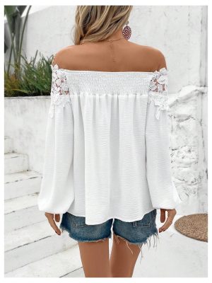 Women's Off Shoulder Lace Blouse Long Sleeve Dressy Shirts Vacation Tops
