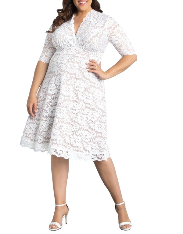 71XSa9RlMS.jpg Women's Plus Size Bella Short Ivory Lace Dress, Simple White Wedding, Bridal Shower, or Graduation Midi Dress