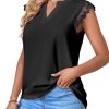 Women's Elegant Notch V Neck Lace Trim Cap Sleeve Blouse Shirt Sleeveless Top