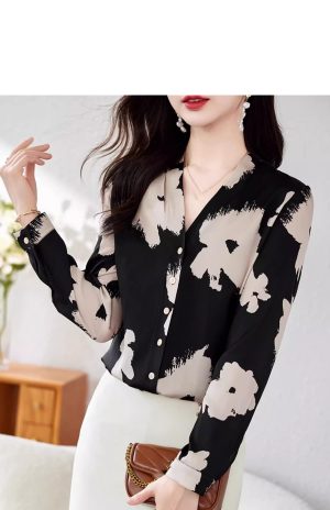 Ladies' Summer Chiffon Top Long-Sleeved for Daily and Travel Loose Soft Printed Top Blouse for Women