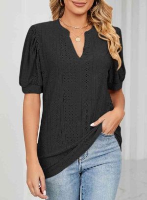 Womens Summer Business Casual Blouses V Neck Short Sleeve Shirts Hollow Out Cute Lace Tops
