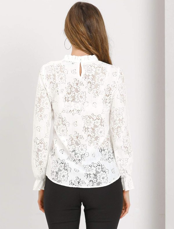 Women's Elegant See Through Top Ruffle Frill Neck Long Sleeve Floral Lace Blouse
