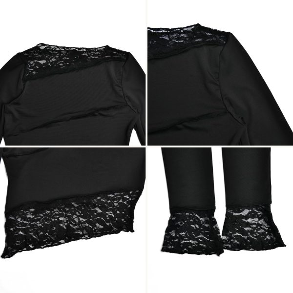 71ZfcL2sHpL.jpg Women's Asymmetrical Sheer Lace T Shirt Sexy Slim Fit Long Sleeve Blouse Boat Neck Crop Top Tees