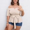 Women's Plus Size Off The Shoulder Peplum Blouse Top Half Bell Sleeve Tie Waist Ruffle Hem Babydoll Tops