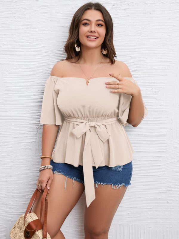Women's Plus Size Off The Shoulder Peplum Blouse Top Half Bell Sleeve Tie Waist Ruffle Hem Babydoll Tops