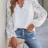 Women Lace Elegant Blouse Long Sleeve Eyelet V Neck Dressy Party Floral Tops Scalloped V Neck
