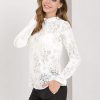 Women's Elegant See Through Top Ruffle Frill Neck Long Sleeve Floral Lace Blouse